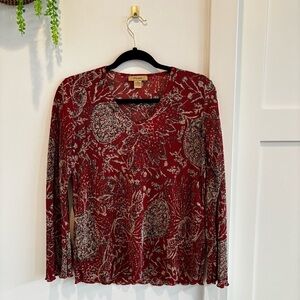 Plisse Vintage Euro Burgundy Paisley Long Sleeve Crinkle Women's Top Size Medium